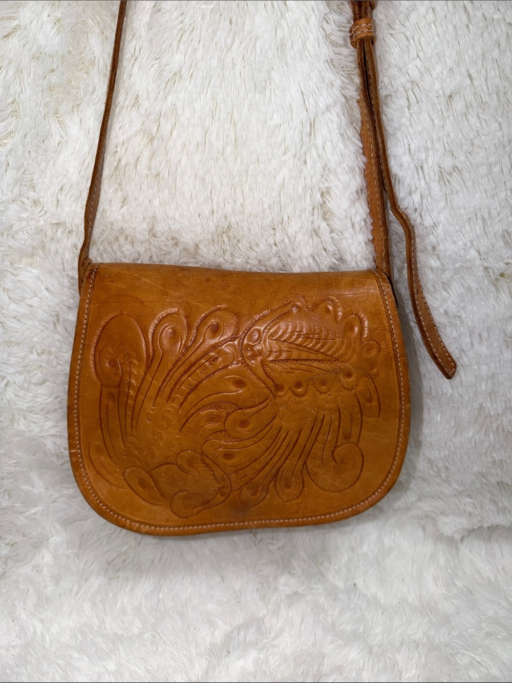 Tooled Leather Crossbody Bag in Cognac Brown